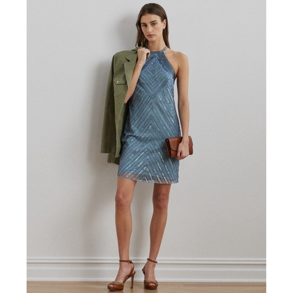 Lauren Ralph Lauren Beaded Mesh Halter Cocktail Dress Blue Size 10 MSRP $395